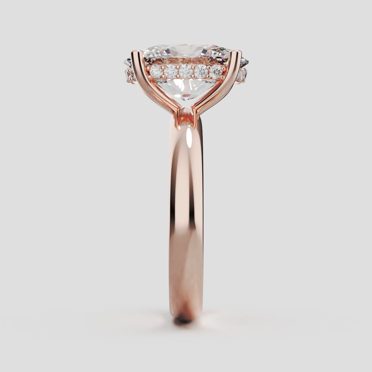 Riserbo, 3ct oval lab grown diamond engagement ring, Plain Sides, Hidden Halo, 18K rose gold - side view