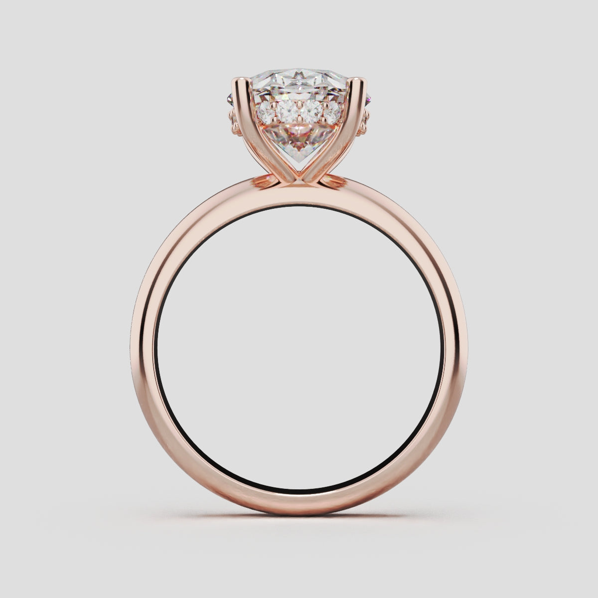 Riserbo, 3ct oval lab grown diamond engagement ring, Plain Sides, Hidden Halo, 18K rose gold - through finger