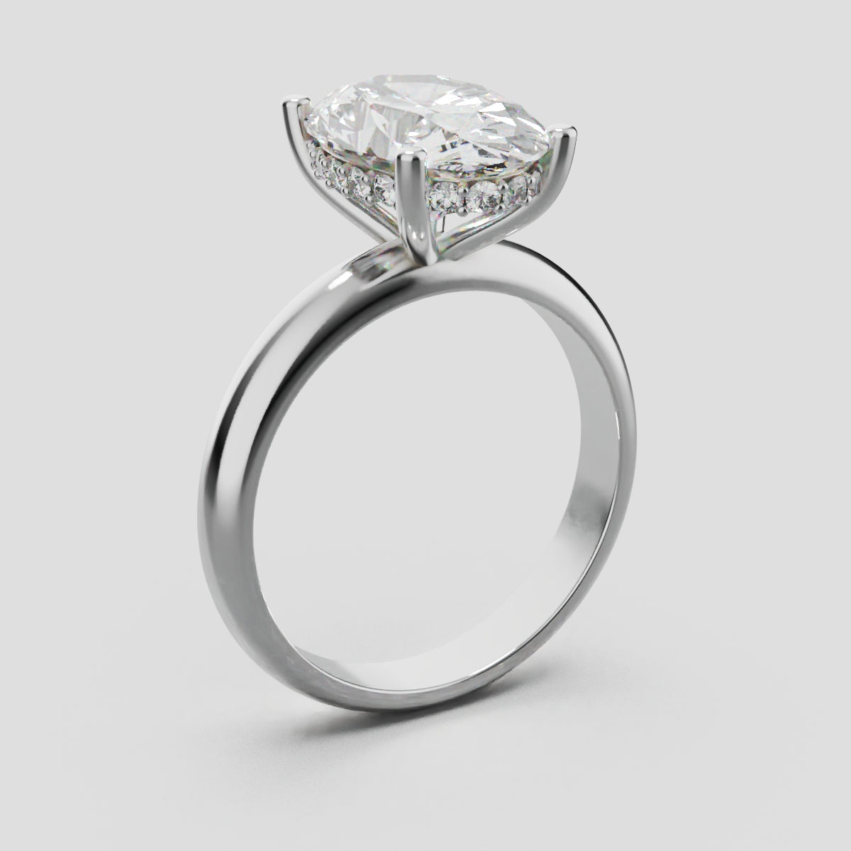 Riserbo, 3ct oval lab grown diamond engagement ring, Plain Sides, Hidden Halo, 18K white gold - ne