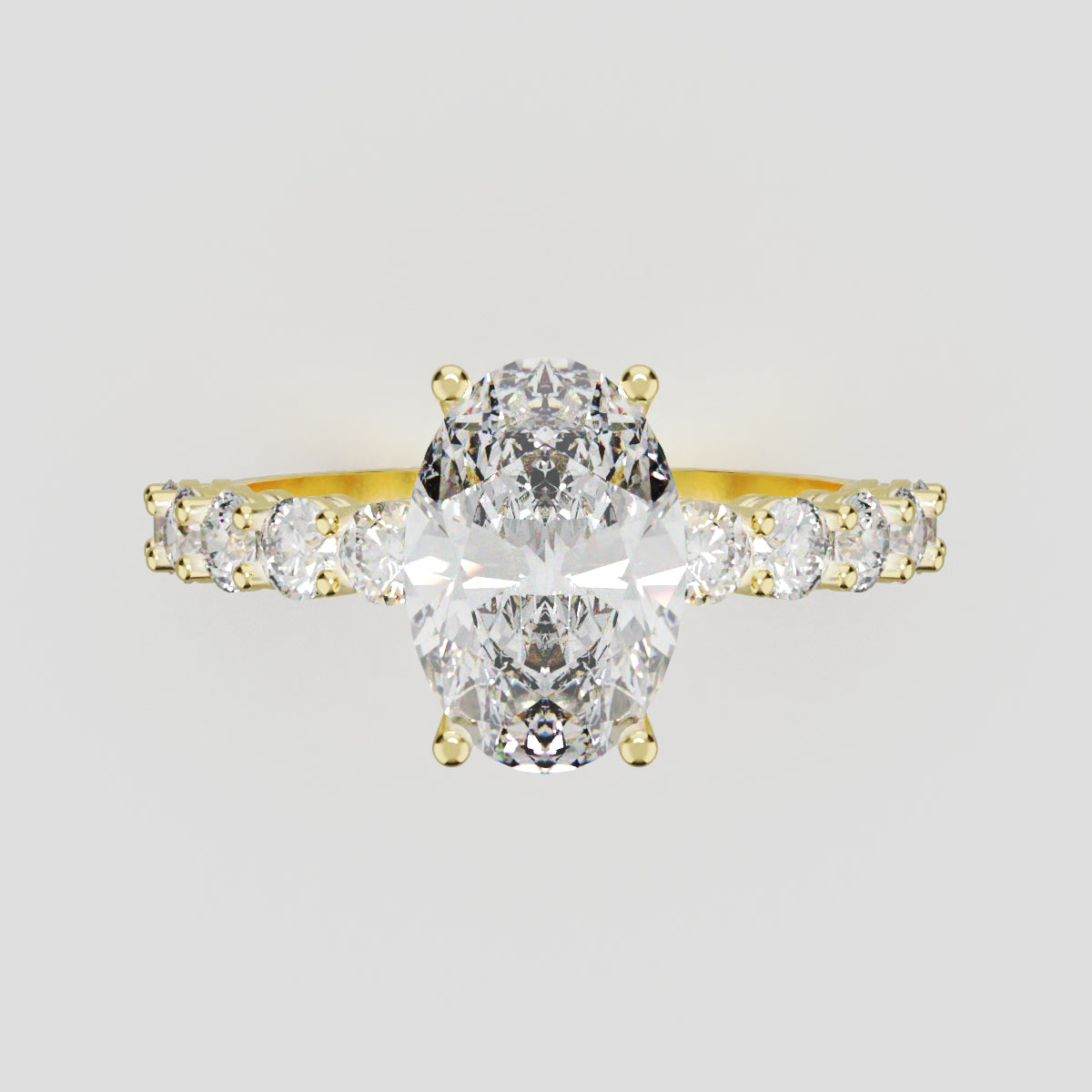 Rivo, 1.5ct oval lab grown diamond engagement ring, 2.5mm Side Stones, 18K yellow gold - front view