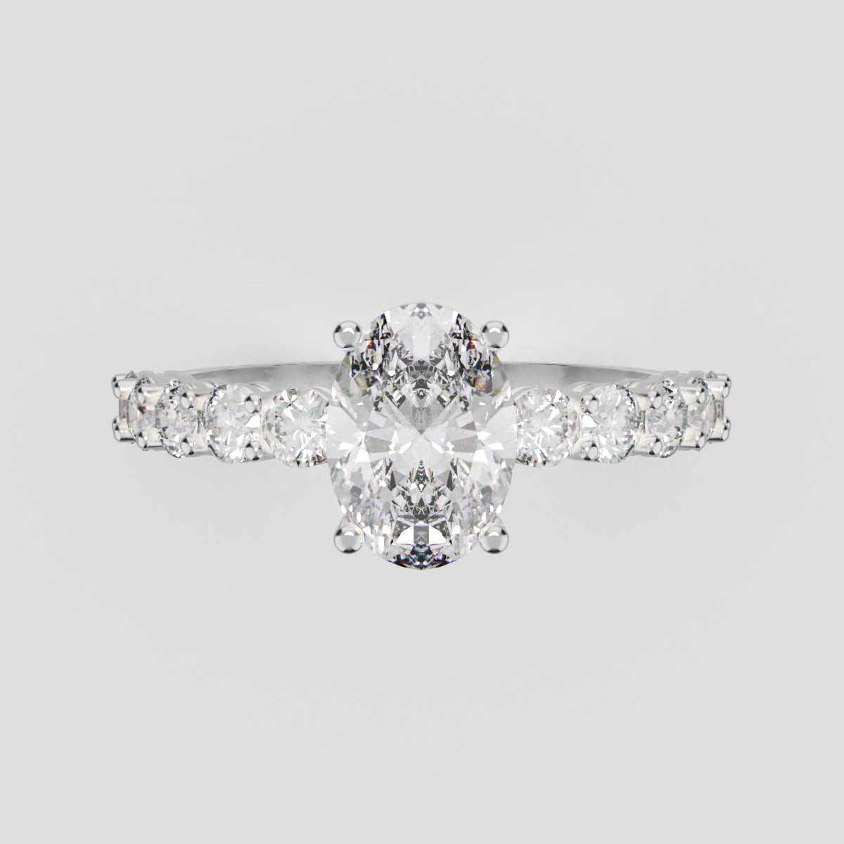 Rivo, 1ct oval lab grown diamond engagement ring, 2.5mm Side Stones, 18K white gold - front view
