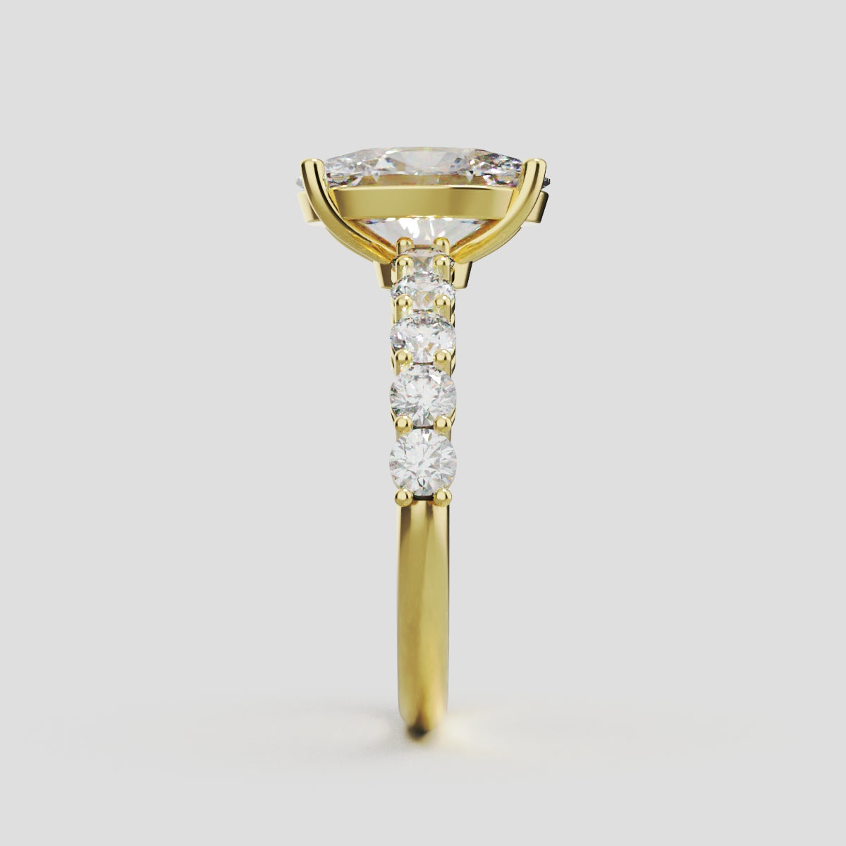 Rivo, 2ct oval lab grown diamond engagement ring, 2.5mm Side Stones, 18K yellow gold - side view