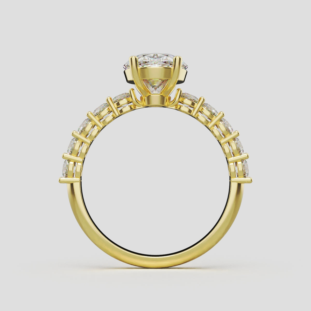 Rivo, 2ct oval lab grown diamond engagement ring, 2.5mm Side Stones, 18K yellow gold - through finger