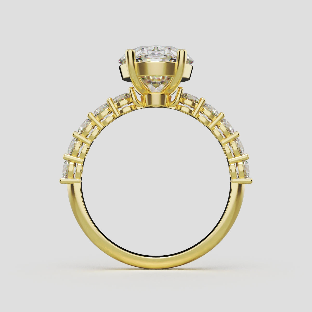 Rivo, 3ct oval lab grown diamond engagement ring, 2.5mm Side Stones, 18K yellow gold - through finger
