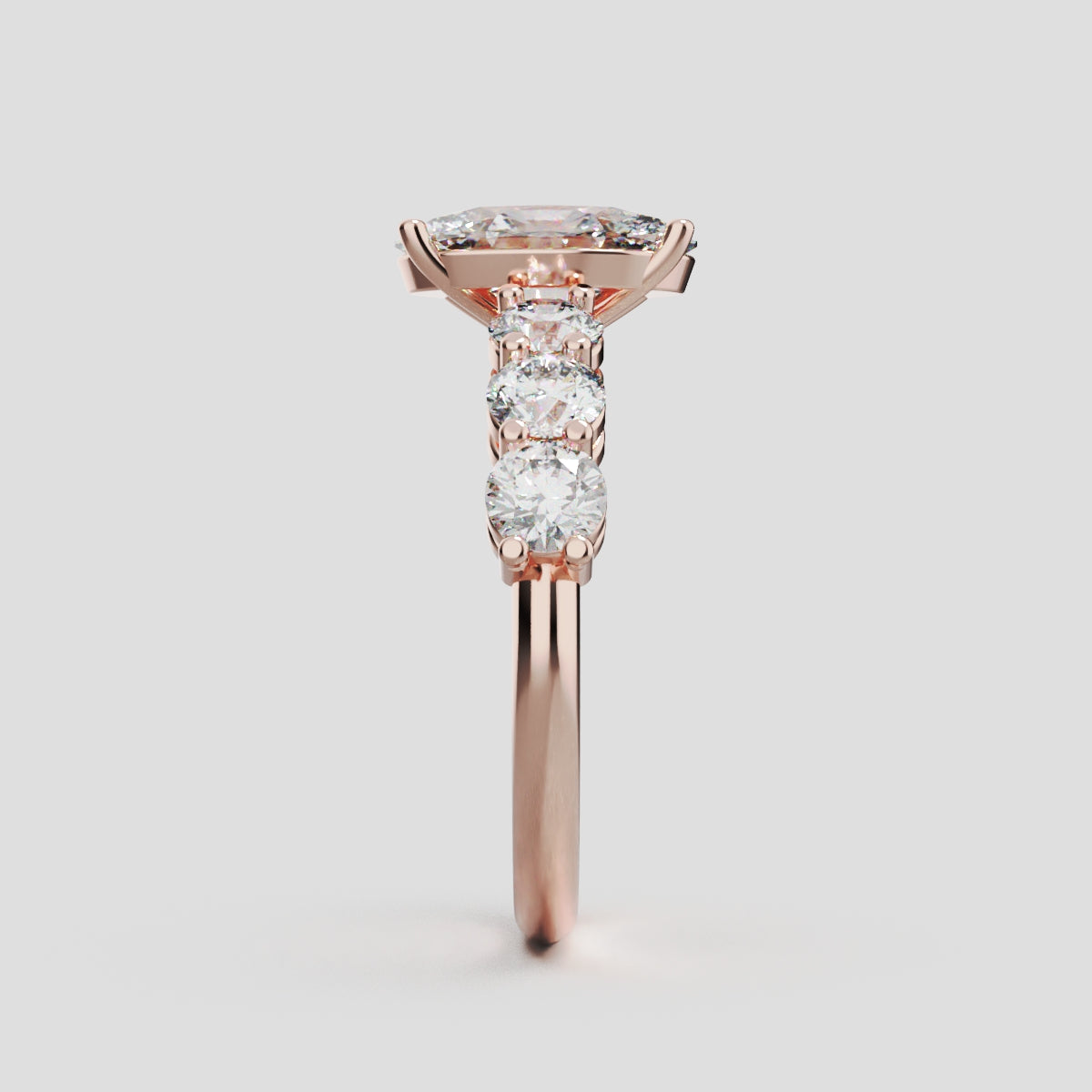 Delta, 1.5ct oval lab grown diamond engagement ring, 3.5mm Side Stones, 18K rose gold - side view