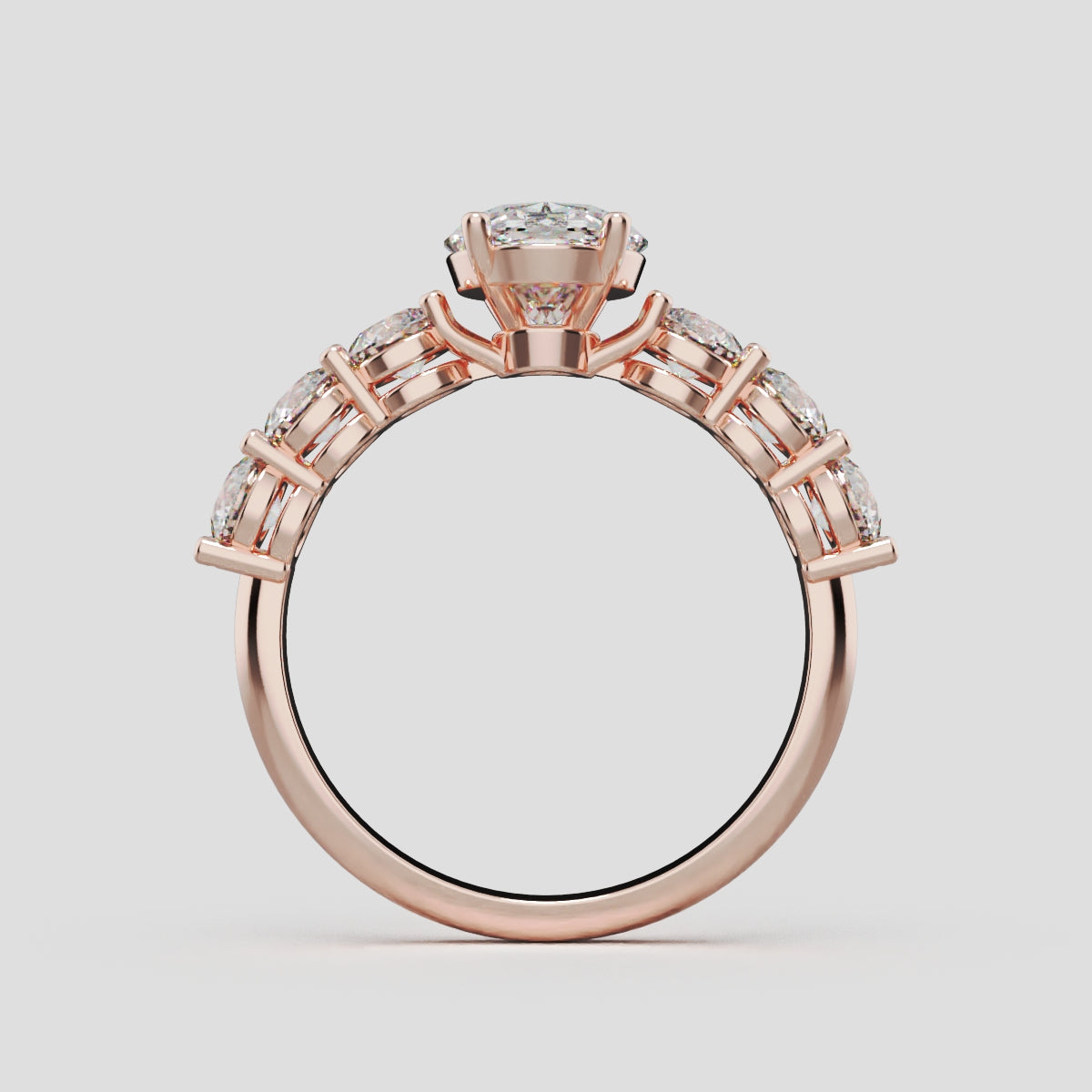 Delta, 1.5ct oval lab grown diamond engagement ring, 3.5mm Side Stones, 18K rose gold - through finger