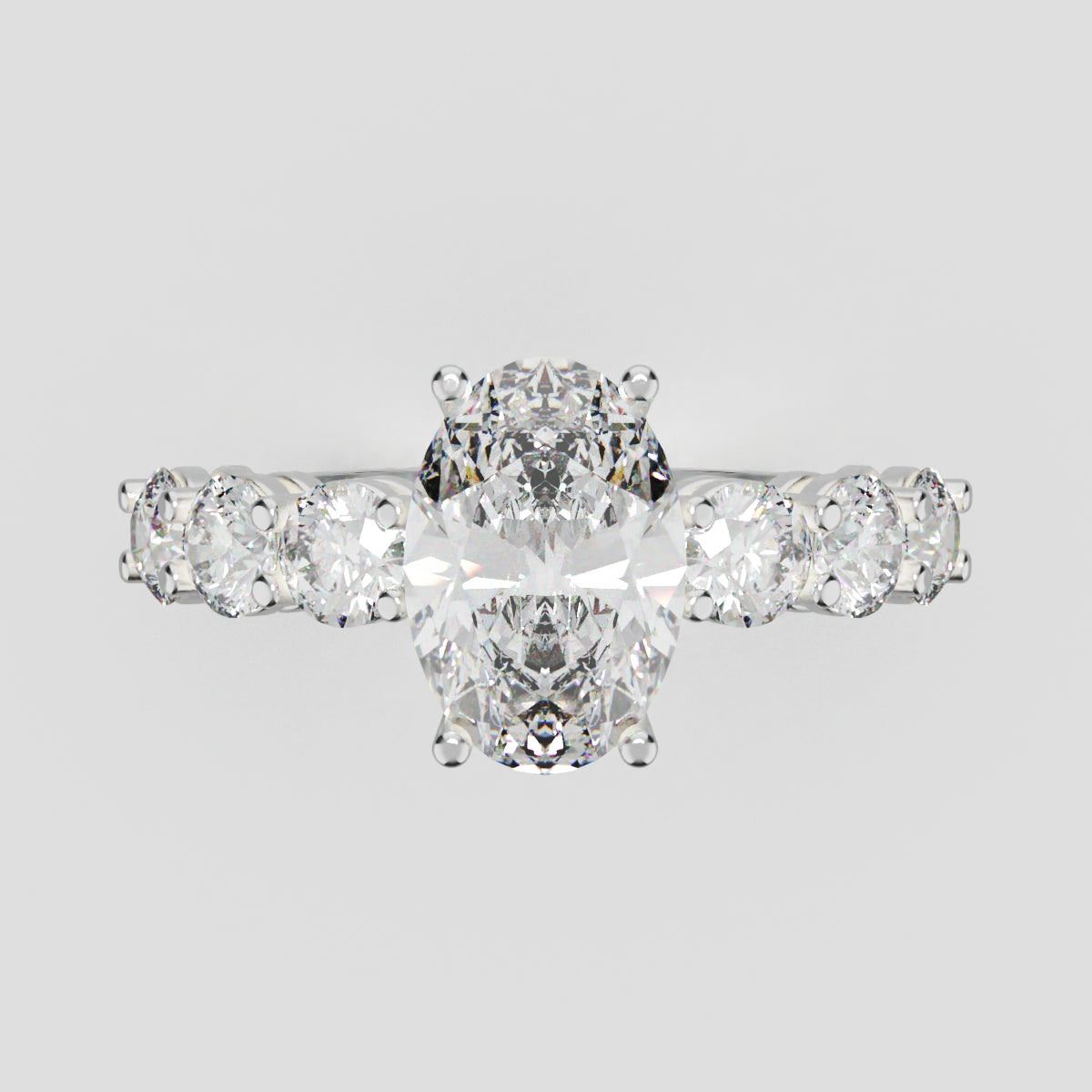Delta, 1.5ct oval lab grown diamond engagement ring, 3.5mm Side Stones, 18K white gold - front view