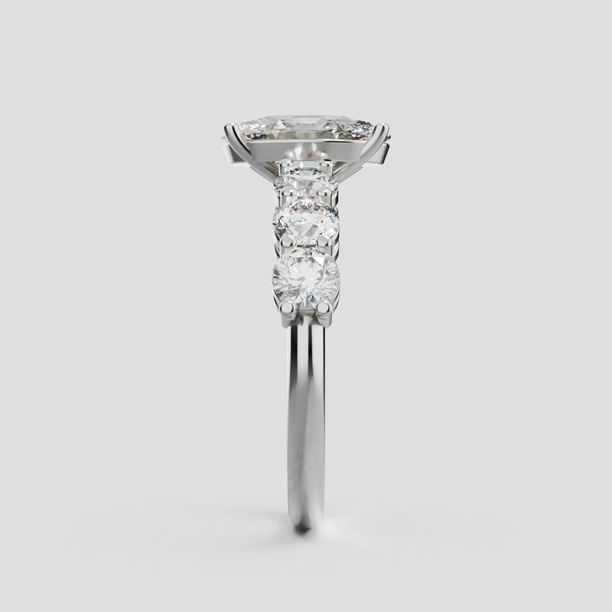 Delta, 1.5ct oval lab grown diamond engagement ring, 3.5mm Side Stones, 18K white gold - side view