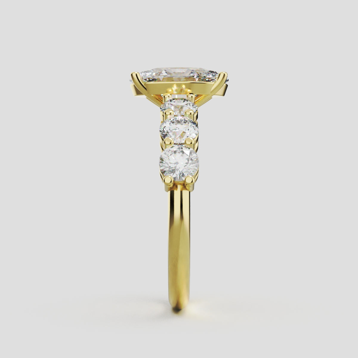 Delta, 1.5ct oval lab grown diamond engagement ring, 3.5mm Side Stones, 18K yellow gold - side view