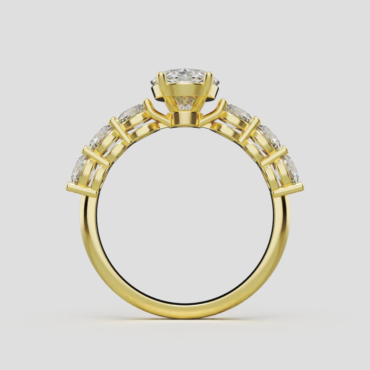 Delta, 1.5ct oval lab grown diamond engagement ring, 3.5mm Side Stones, 18K yellow gold - through finger