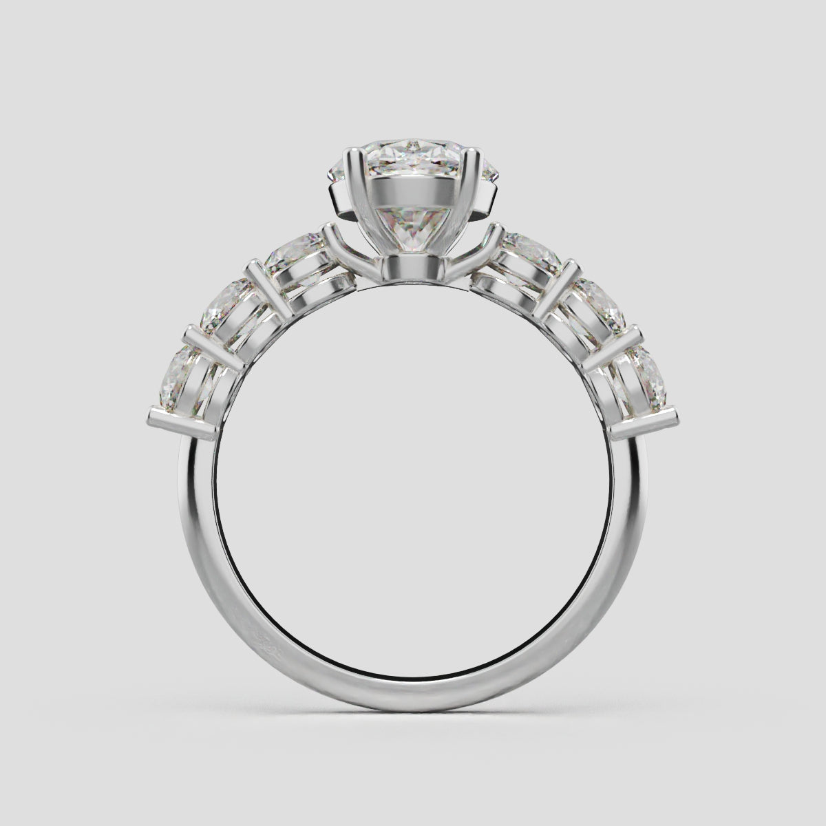 Delta, 2ct oval lab grown diamond engagement ring, 3.5mm Side Stones, 18K white gold - through finger