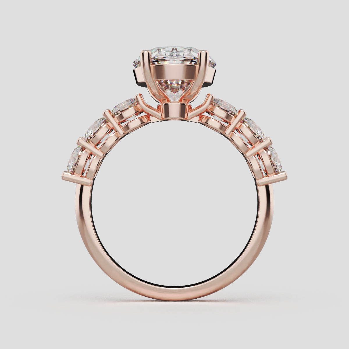 Delta, 3ct oval lab grown diamond engagement ring, 3.5mm Side Stones, 18K rose gold - through finger