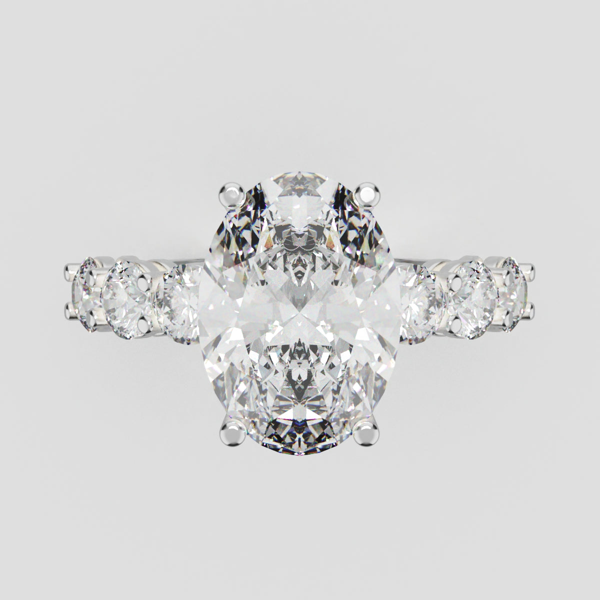 Delta, 3ct oval lab grown diamond engagement ring, 3.5mm Side Stones, 18K white gold - front view