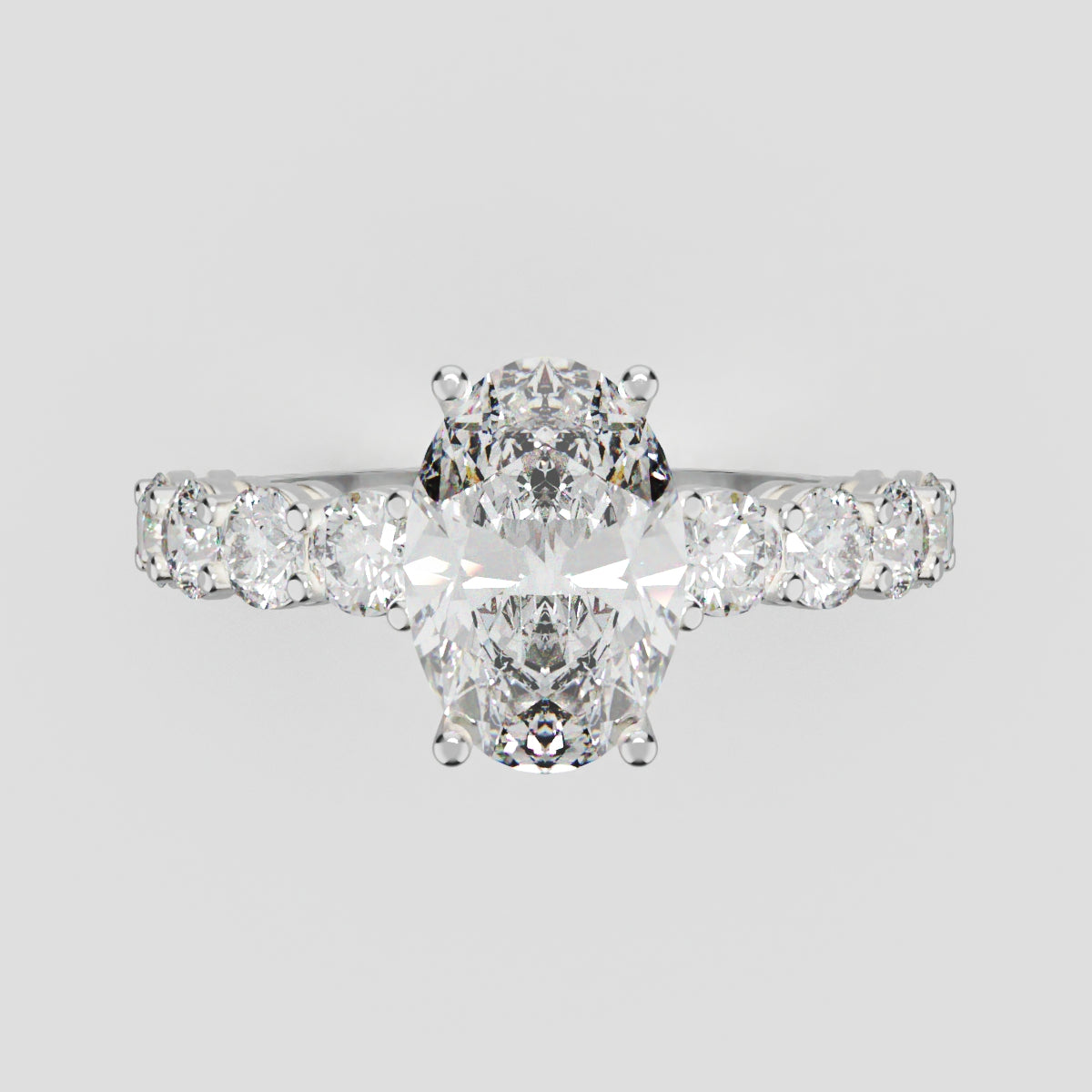 Fiume, 1.5ct oval lab grown diamond engagement ring, 3mm Side Stones, 18K white gold - front view