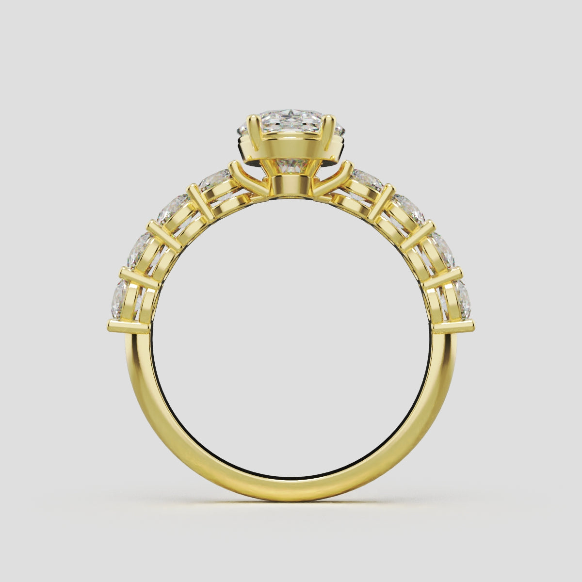 Fiume, 1.5ct oval lab grown diamond engagement ring, 3mm Side Stones, 18K yellow gold - through finger