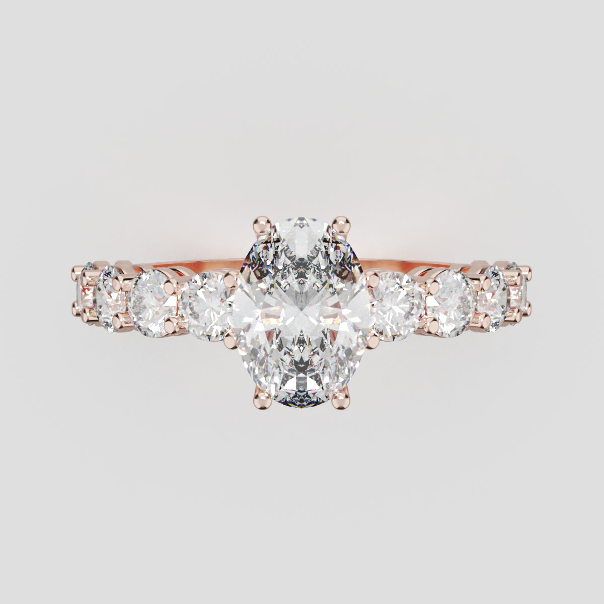 Fiume, 1ct oval lab grown diamond engagement ring, 3mm Side Stones, 18K rose gold - front view