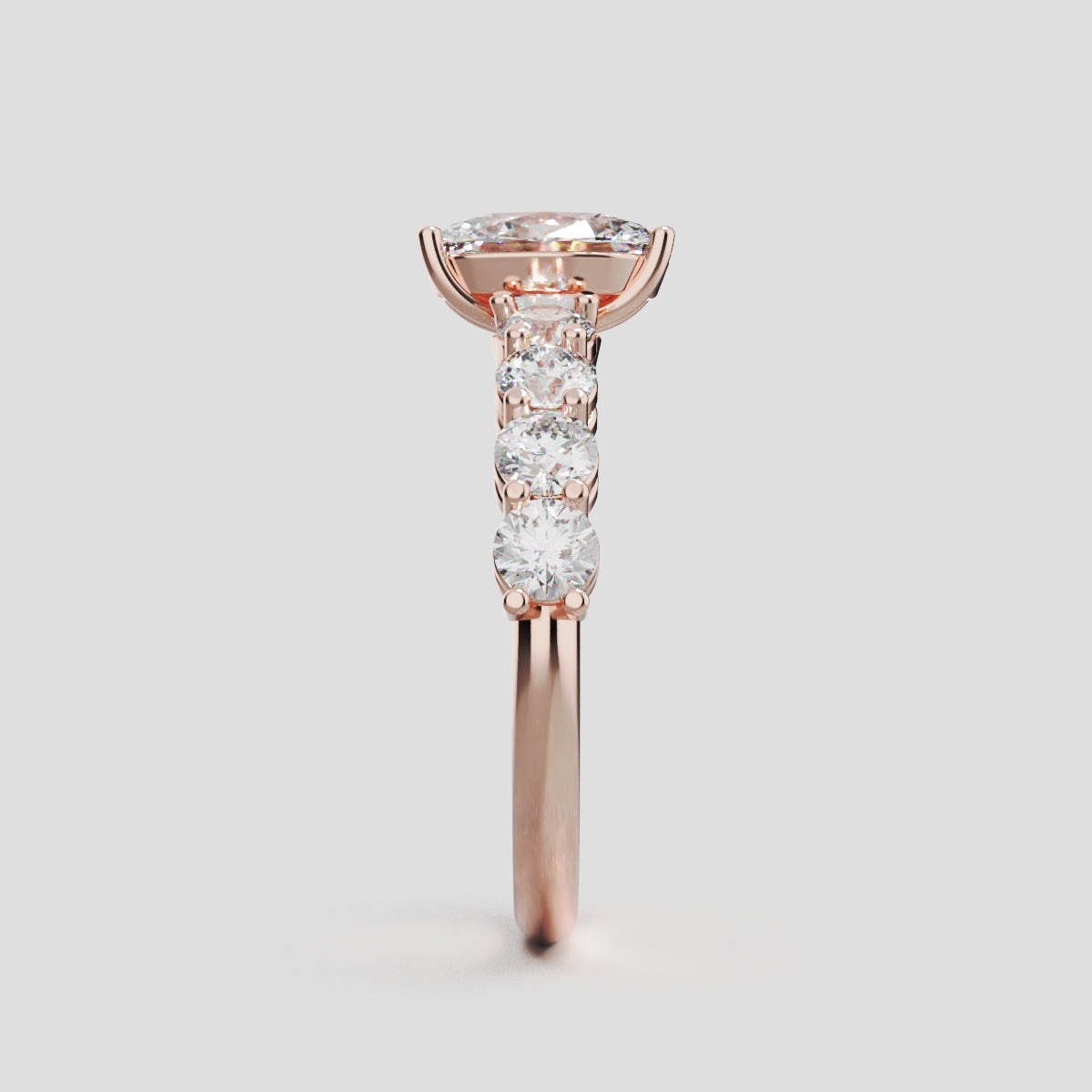 Fiume, 1ct oval lab grown diamond engagement ring, 3mm Side Stones, 18K rose gold - side view
