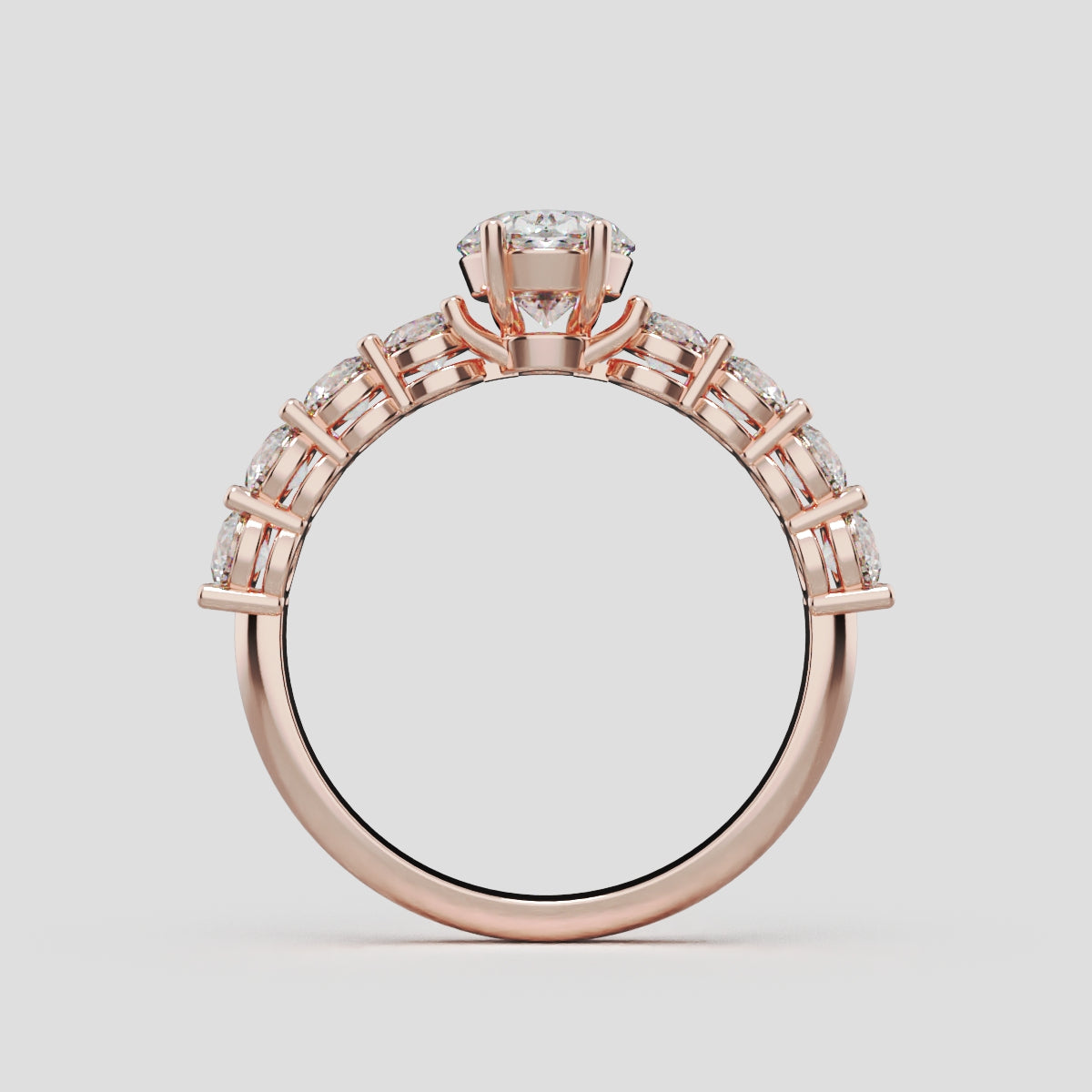 Fiume, 1ct oval lab grown diamond engagement ring, 3mm Side Stones, 18K rose gold - through finger