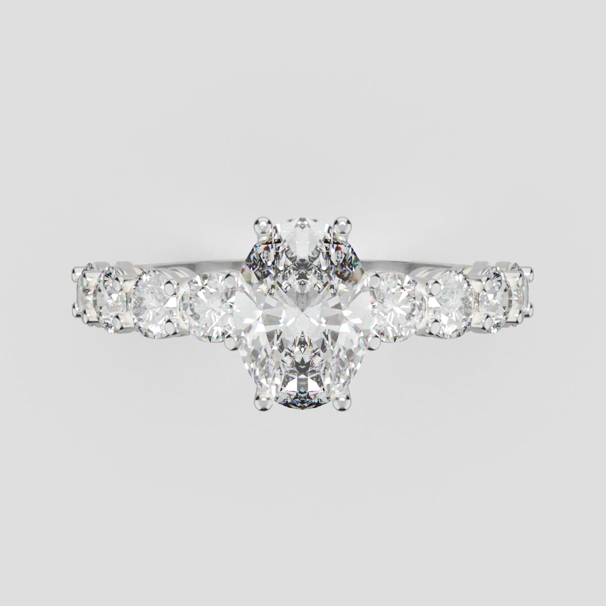 Fiume, 1ct oval lab grown diamond engagement ring, 3mm Side Stones, 18K white gold - front view