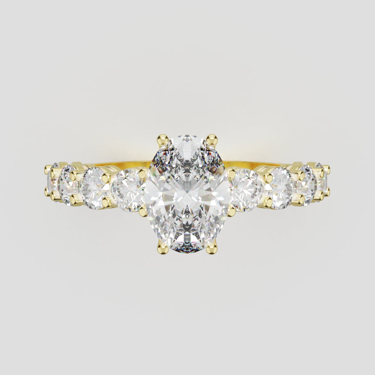 Fiume, 1ct oval lab grown diamond engagement ring, 3mm Side Stones, 18K yellow gold - front view