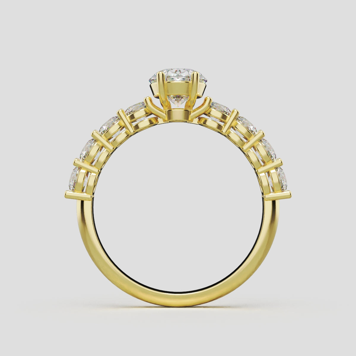 Fiume, 1ct oval lab grown diamond engagement ring, 3mm Side Stones, 18K yellow gold - through finger