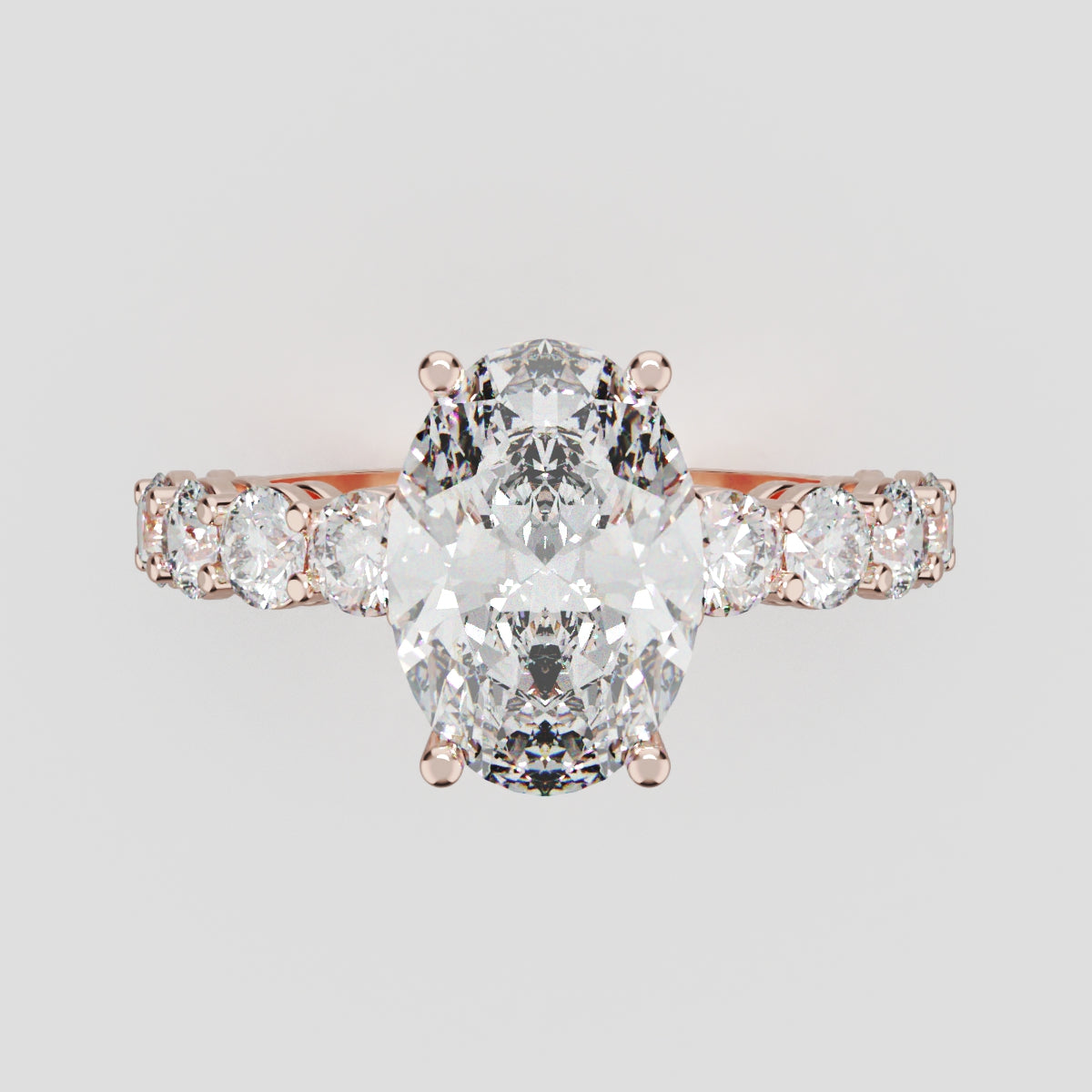 Fiume, 2ct oval lab grown diamond engagement ring, 3mm Side Stones, 18K rose gold - front view