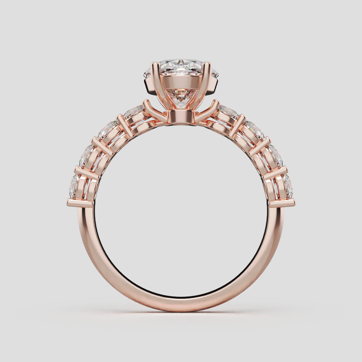 Fiume, 2ct oval lab grown diamond engagement ring, 3mm Side Stones, 18K rose gold - through finger