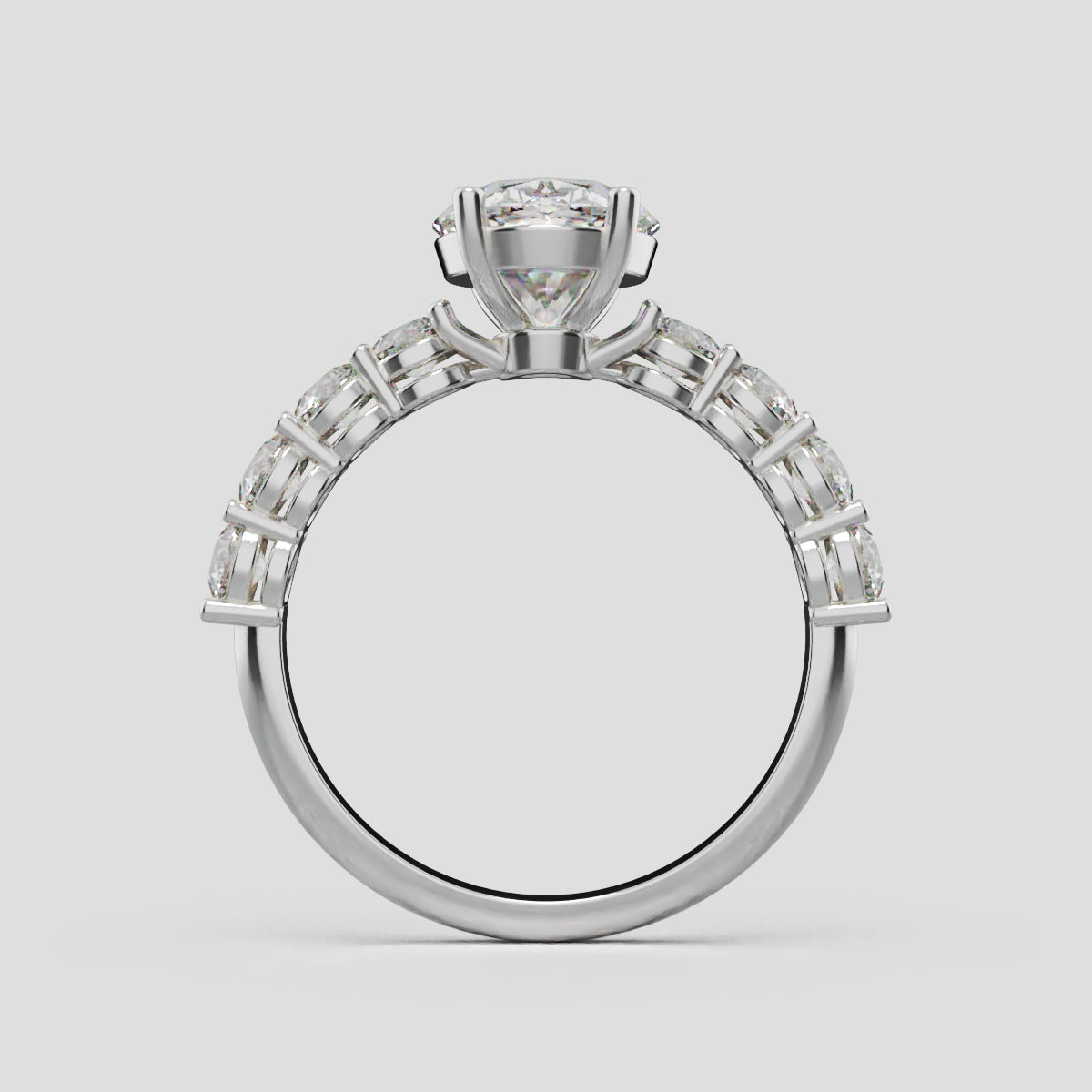 Fiume, 2ct oval lab grown diamond engagement ring, 3mm Side Stones, 18K white gold - through finger