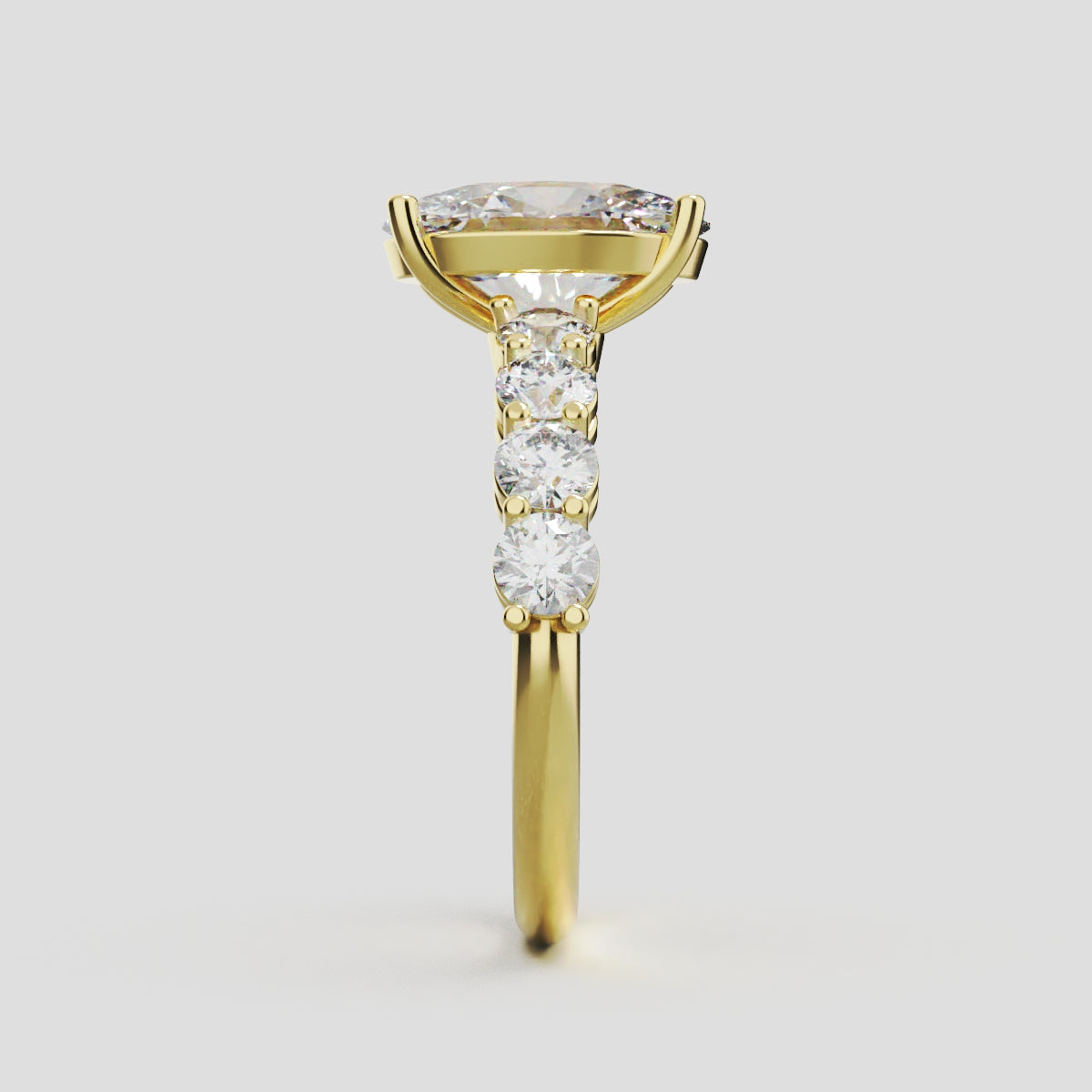 Fiume, 2ct oval lab grown diamond engagement ring, 3mm Side Stones, 18K yellow gold - side view
