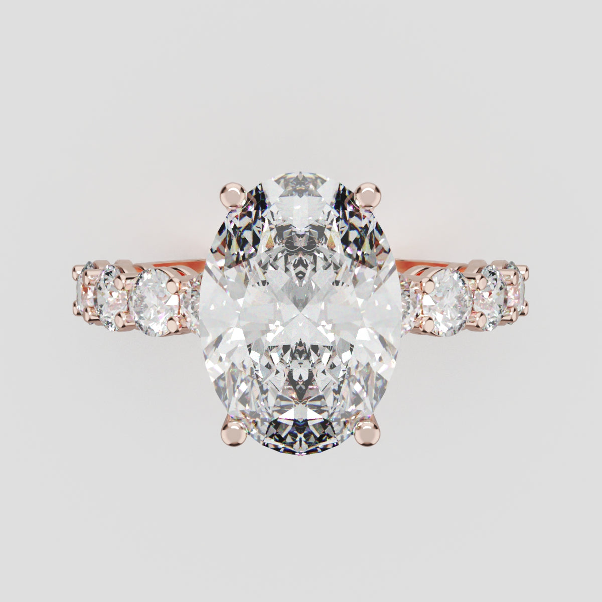 Fiume, 3ct oval lab grown diamond engagement ring, 3mm Side Stones, 18K rose gold - front view