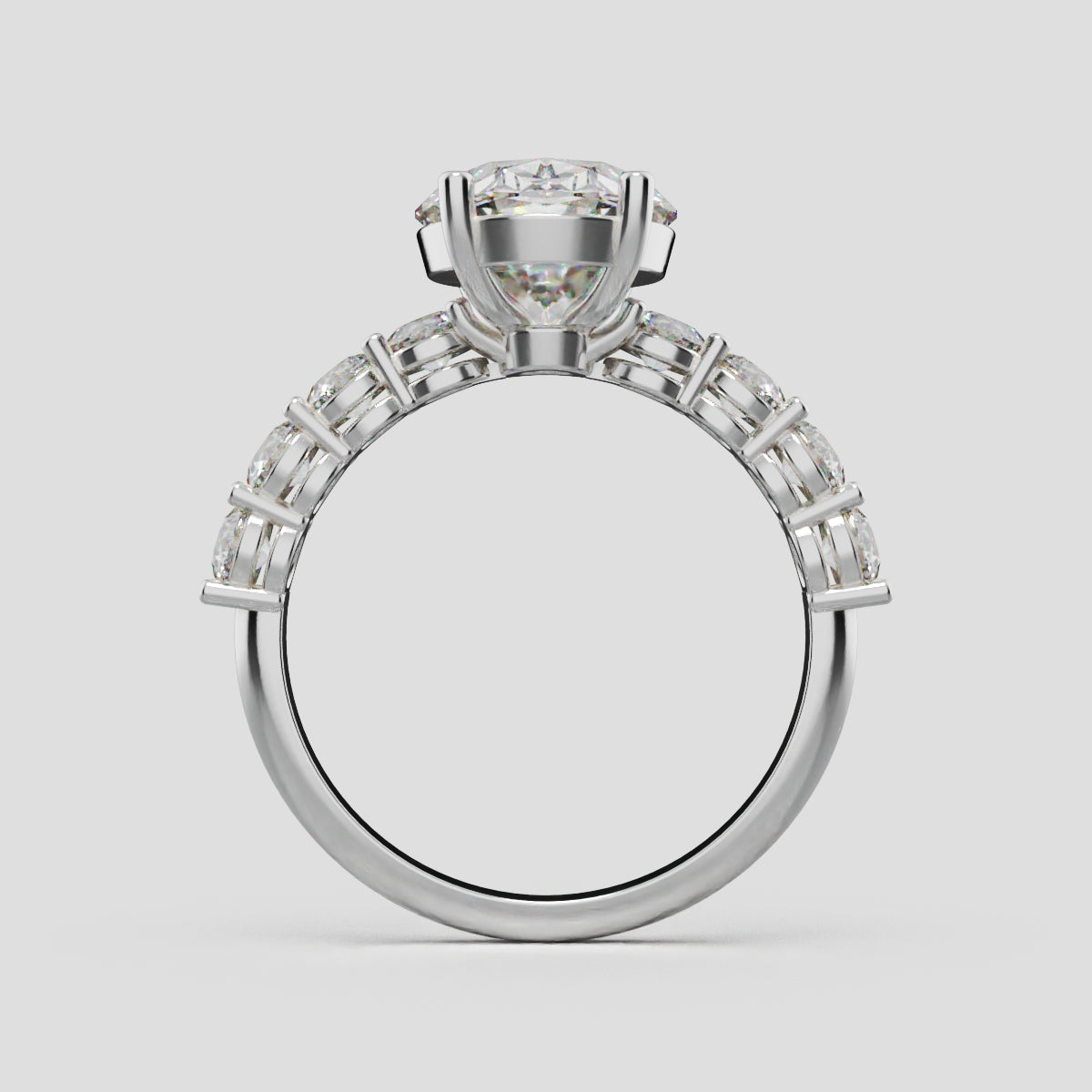 Fiume, 3ct oval lab grown diamond engagement ring, 3mm Side Stones, 18K white gold - through finger