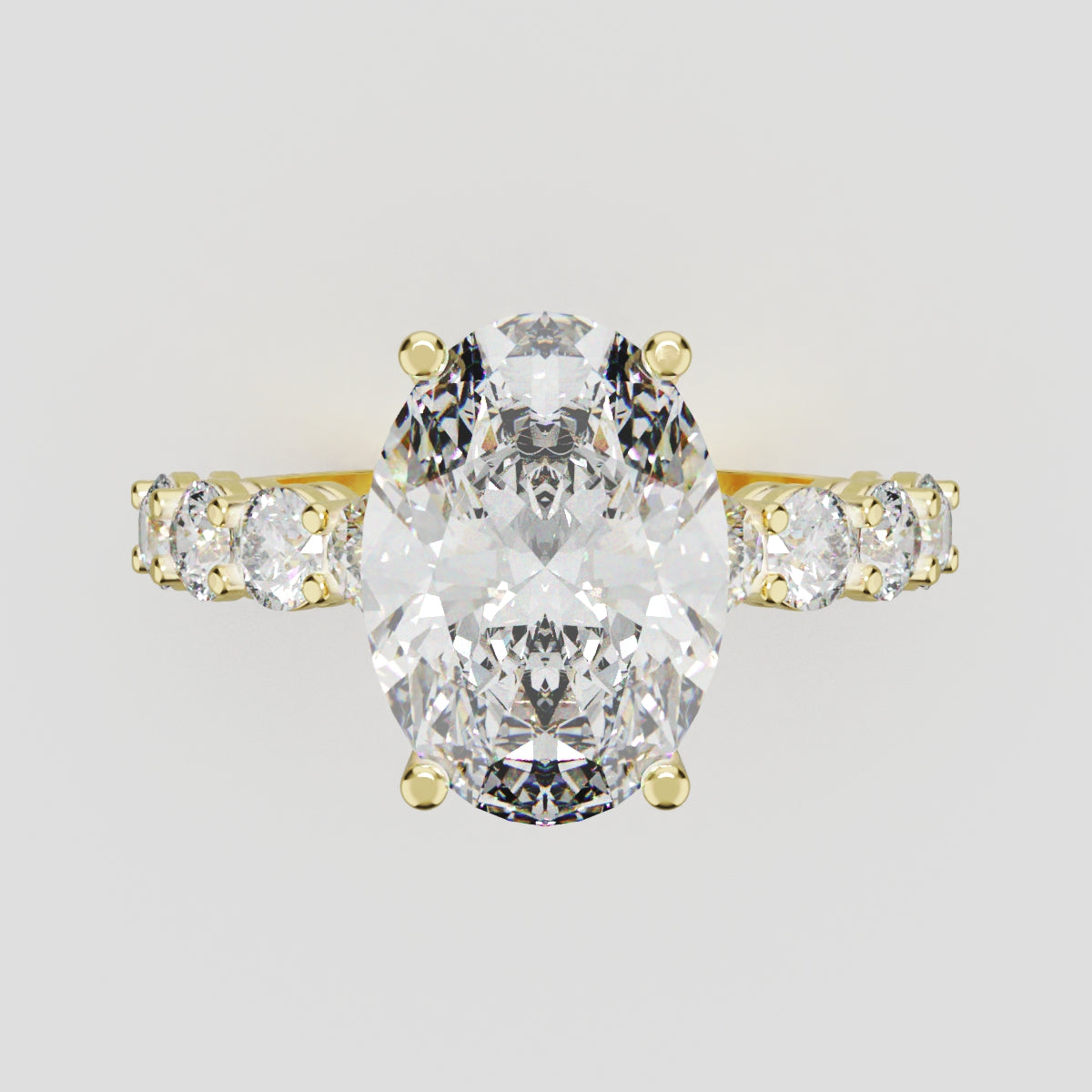 Fiume, 3ct oval lab grown diamond engagement ring, 3mm Side Stones, 18K yellow gold - front view