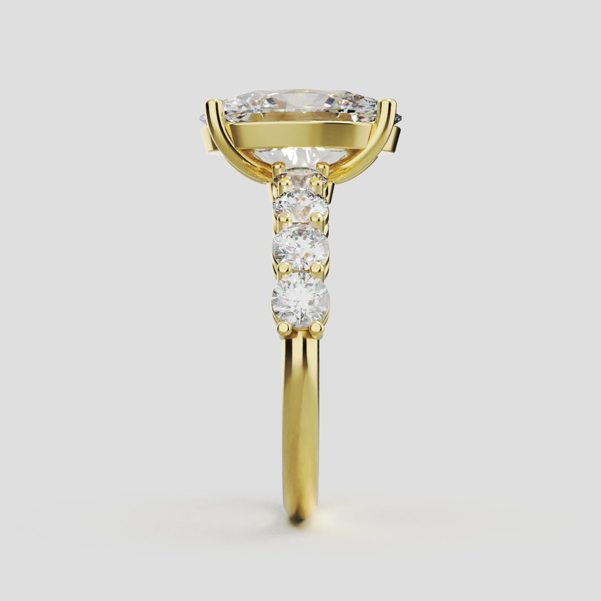 Fiume, 3ct oval lab grown diamond engagement ring, 3mm Side Stones, 18K yellow gold - side view