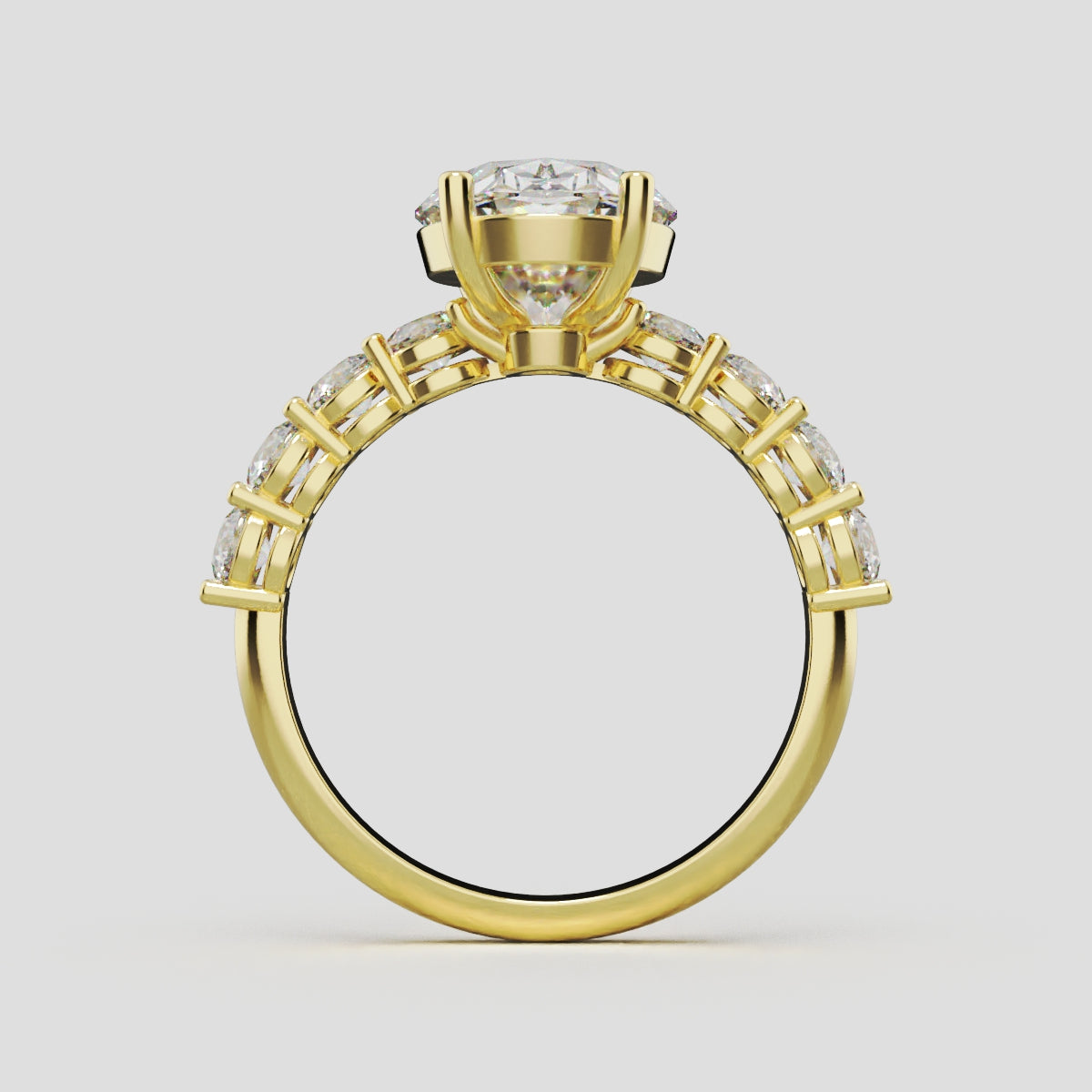 Fiume, 3ct oval lab grown diamond engagement ring, 3mm Side Stones, 18K yellow gold - through finger