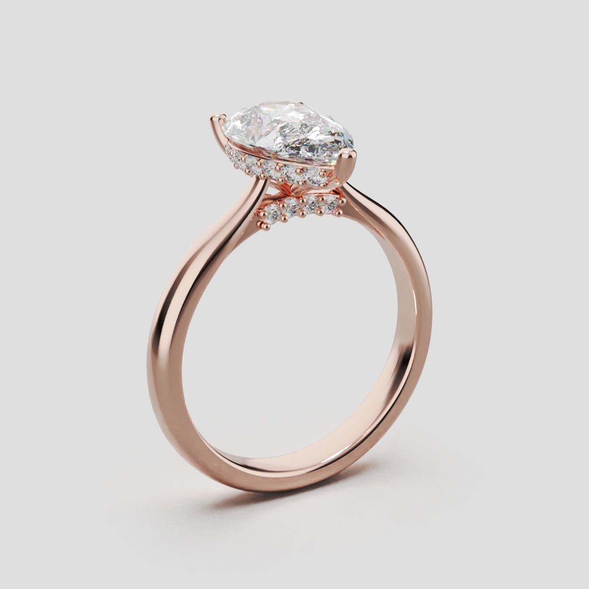 Campanile, 1.5ct pear lab grown diamond engagement ring, Cathedral Hidden Halo Bridge, 18K rose gold - ne