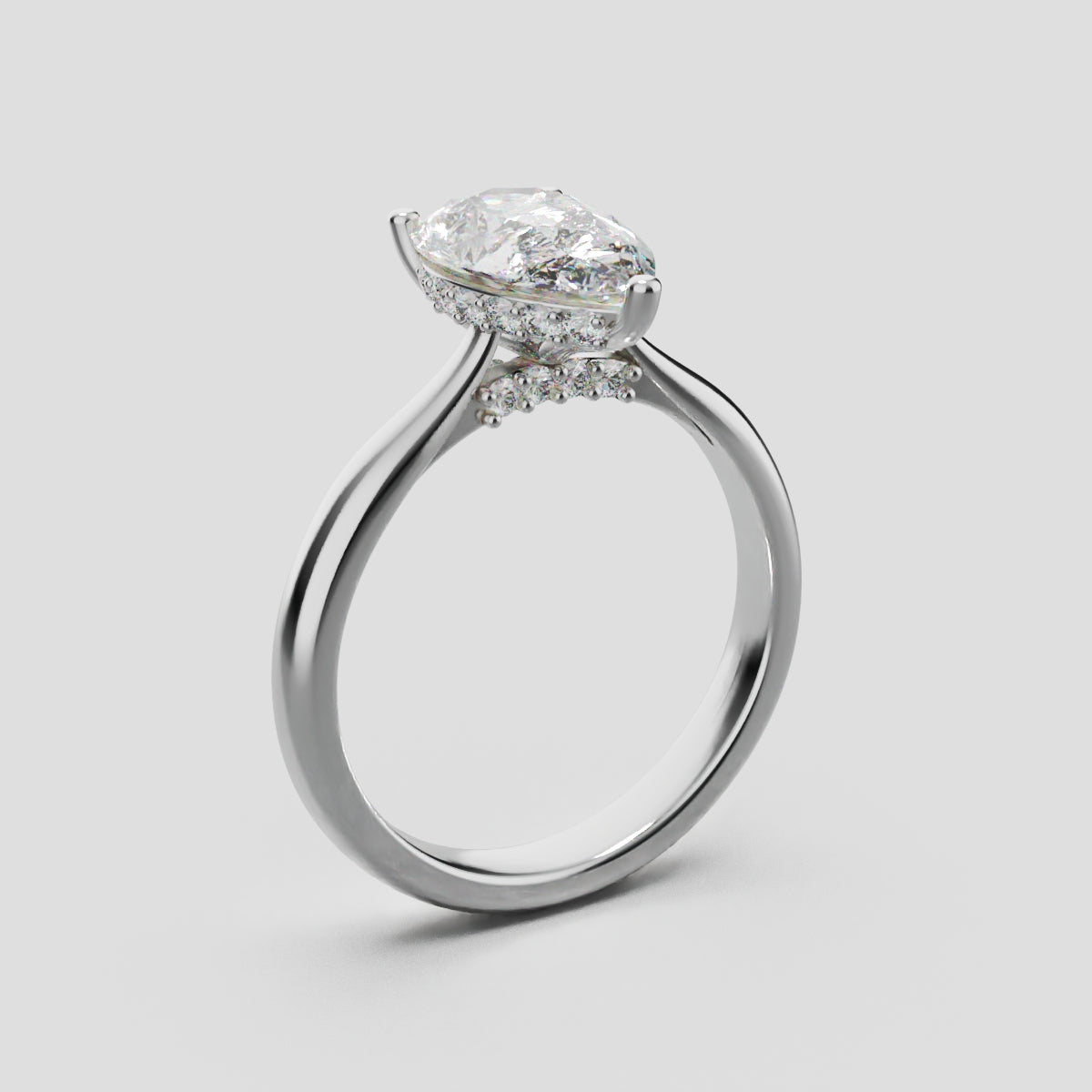 Campanile, 1.5ct pear lab grown diamond engagement ring, Cathedral Hidden Halo Bridge, 18K white gold - ne
