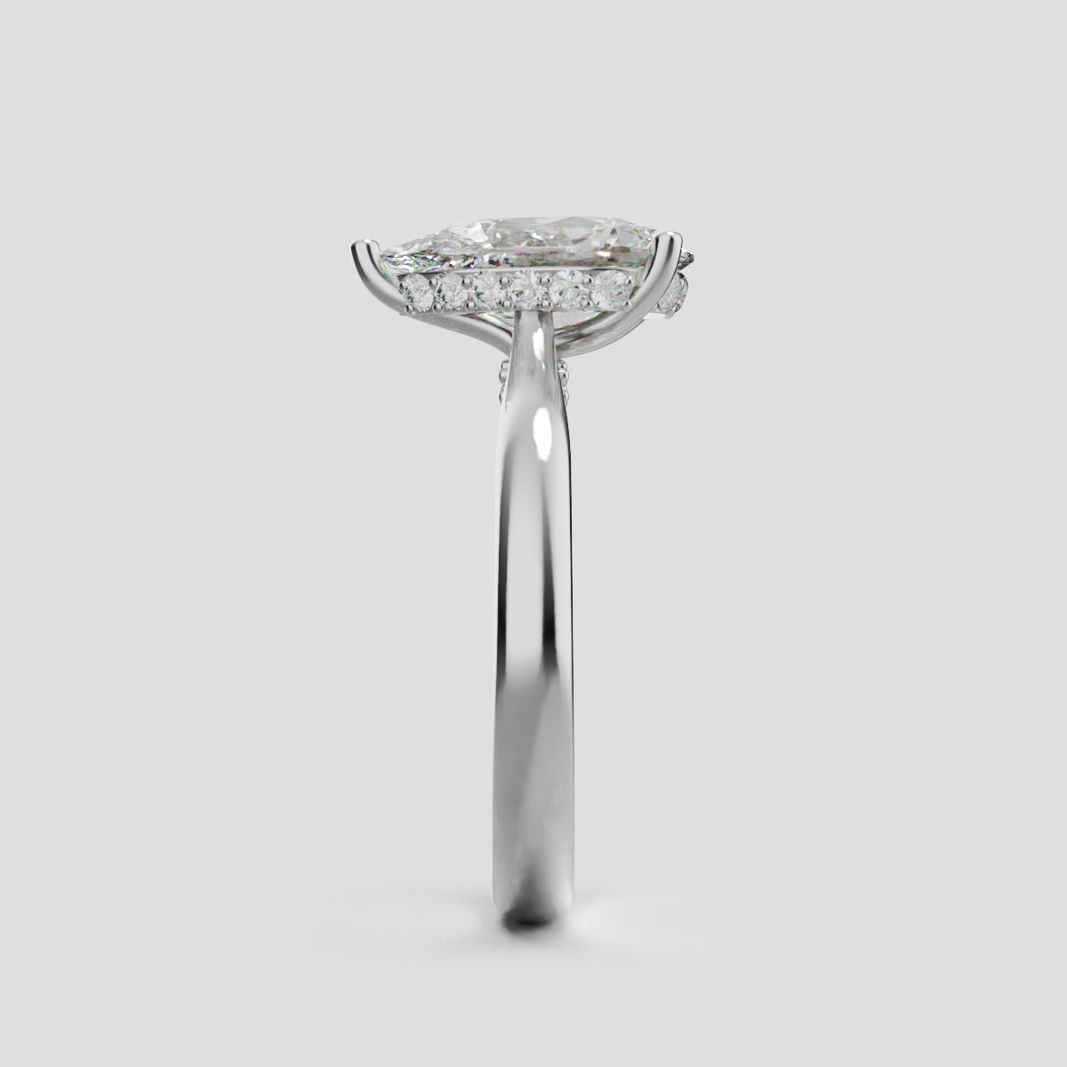 Campanile, 1.5ct pear lab grown diamond engagement ring, Cathedral Hidden Halo Bridge, 18K white gold - side view
