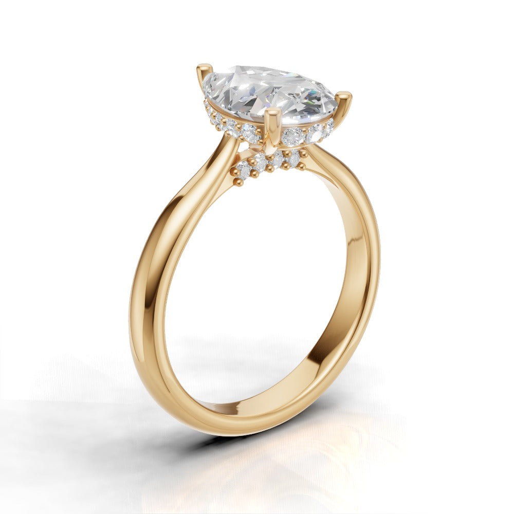 Campanile, 1.5ct pear lab grown diamond engagement ring, Cathedral Hidden Halo Bridge, 18K yellow gold - ne