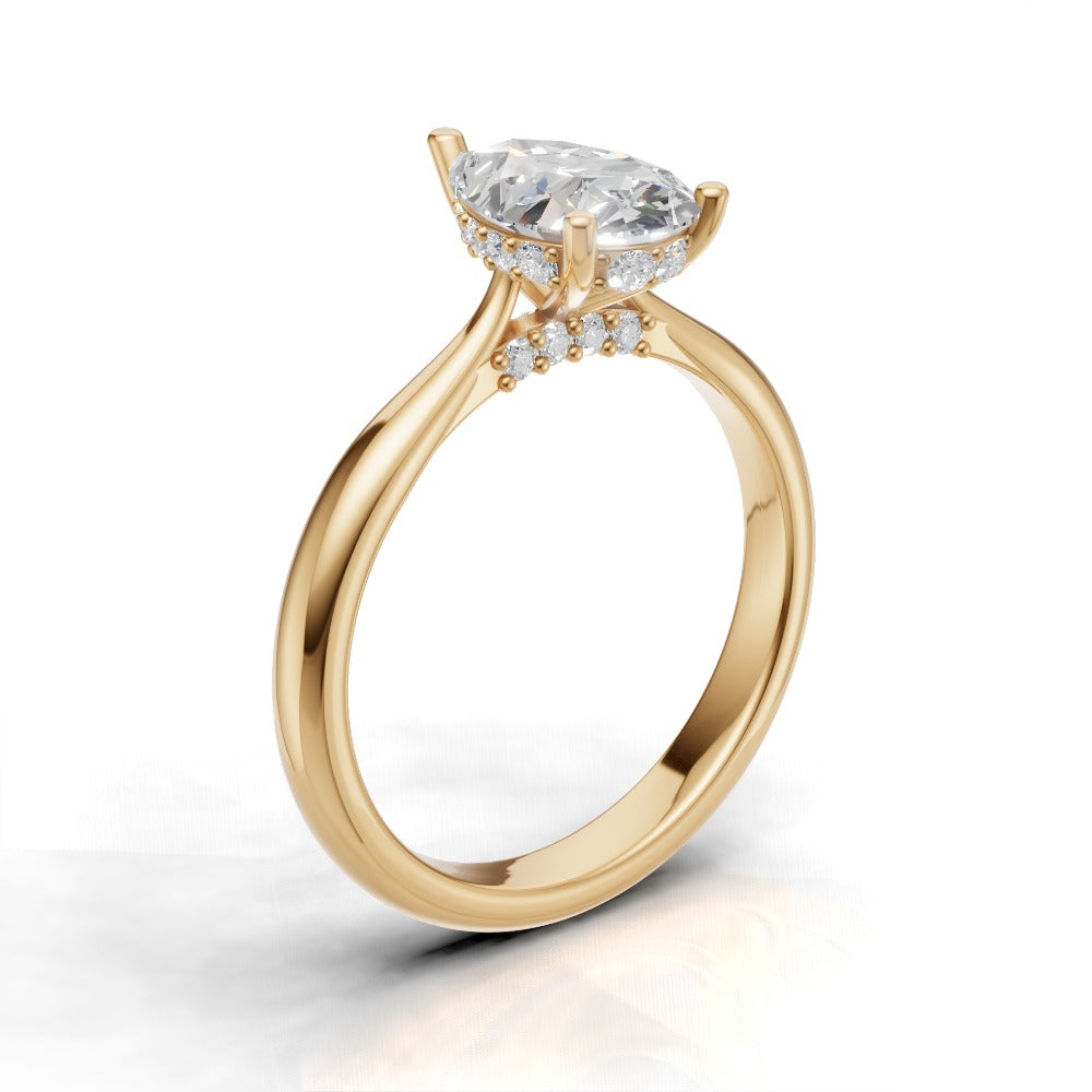 Campanile, 1ct pear lab grown diamond engagement ring, Cathedral Hidden Halo Bridge, 18K yellow gold - ne