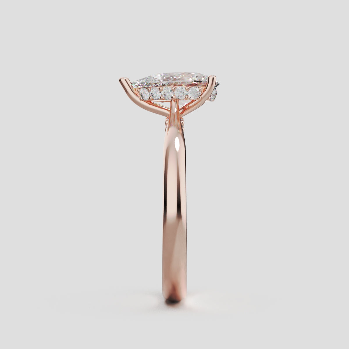 Campanile, 1ct pear lab grown diamond engagement ring, Cathedral Hidden Halo Bridge, 18K rose gold - side view