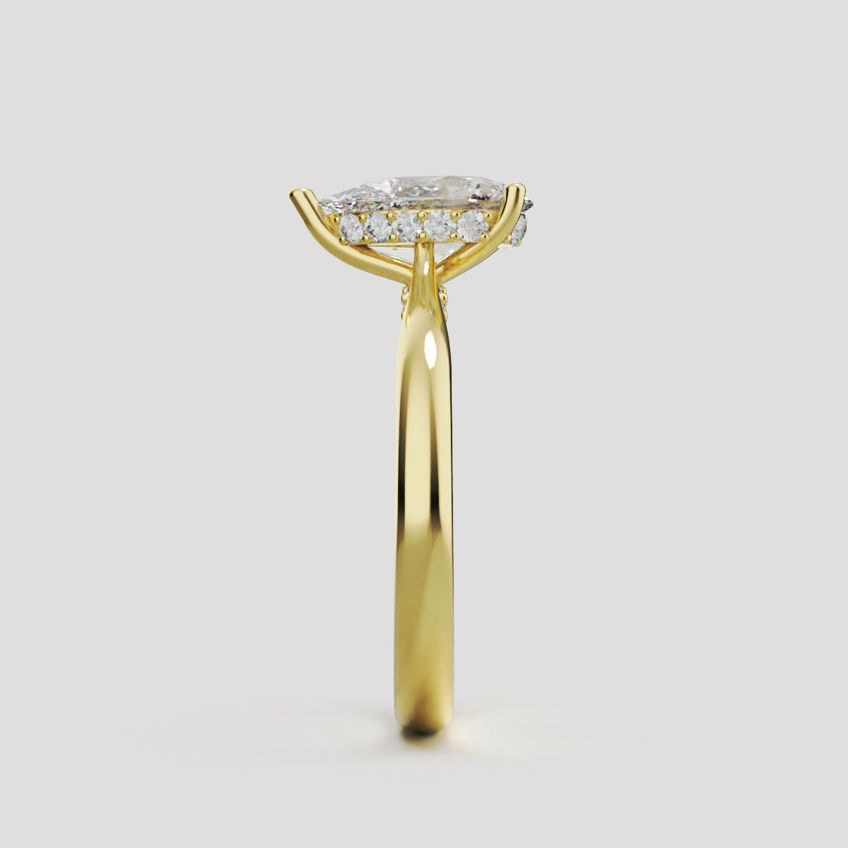 Campanile, 1ct pear lab grown diamond engagement ring, Cathedral Hidden Halo Bridge, 18K yellow gold - side view