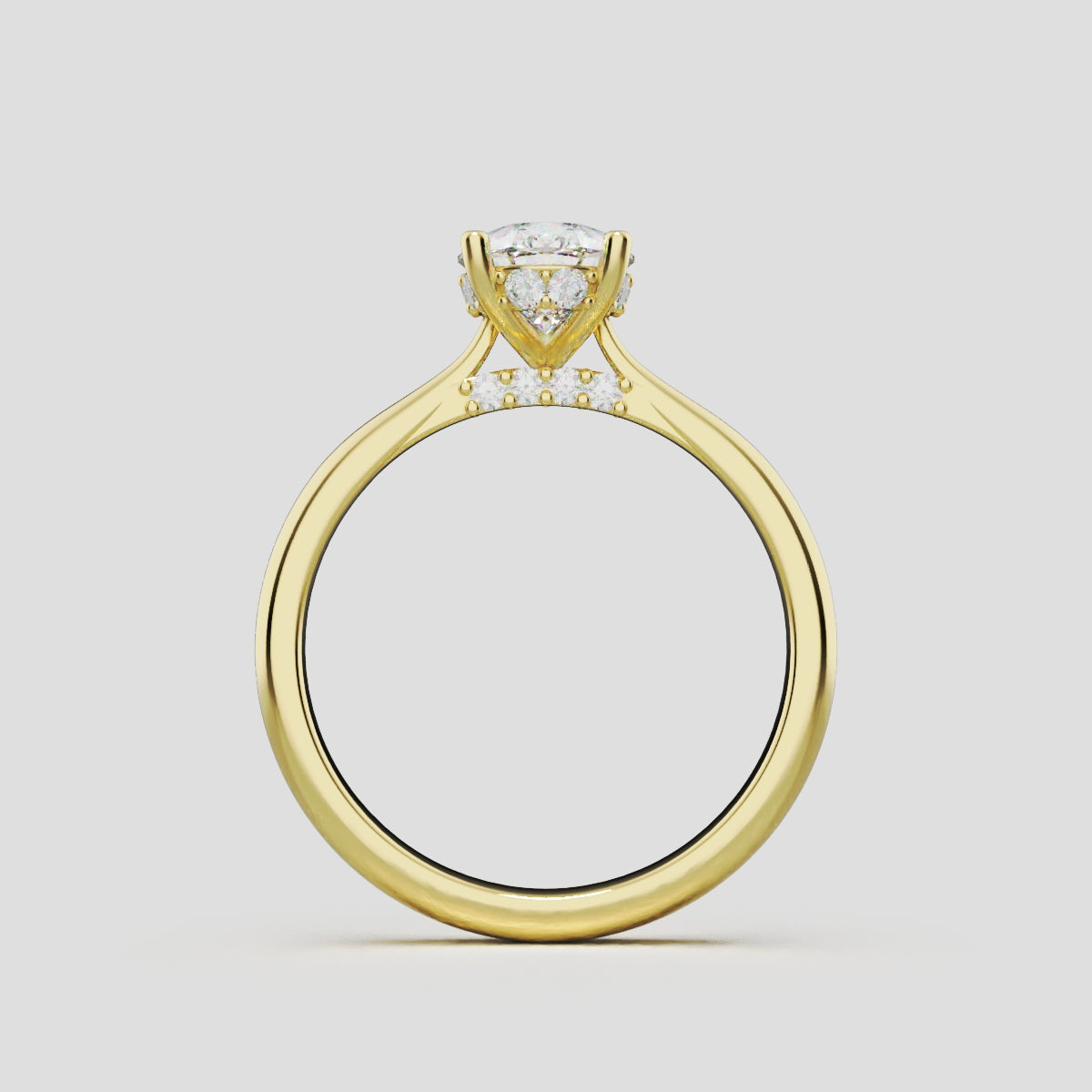 Campanile, 1ct pear lab grown diamond engagement ring, Cathedral Hidden Halo Bridge, 18K yellow gold - through finger