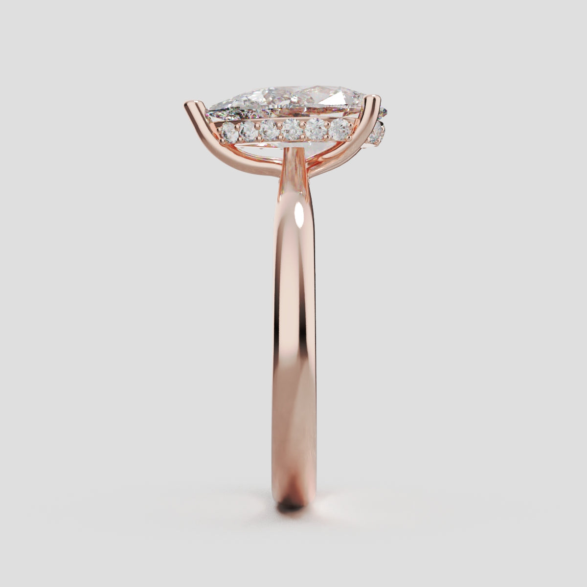 Campanile, 2ct pear lab grown diamond engagement ring, Cathedral Hidden Halo Bridge, 18K rose gold - side view