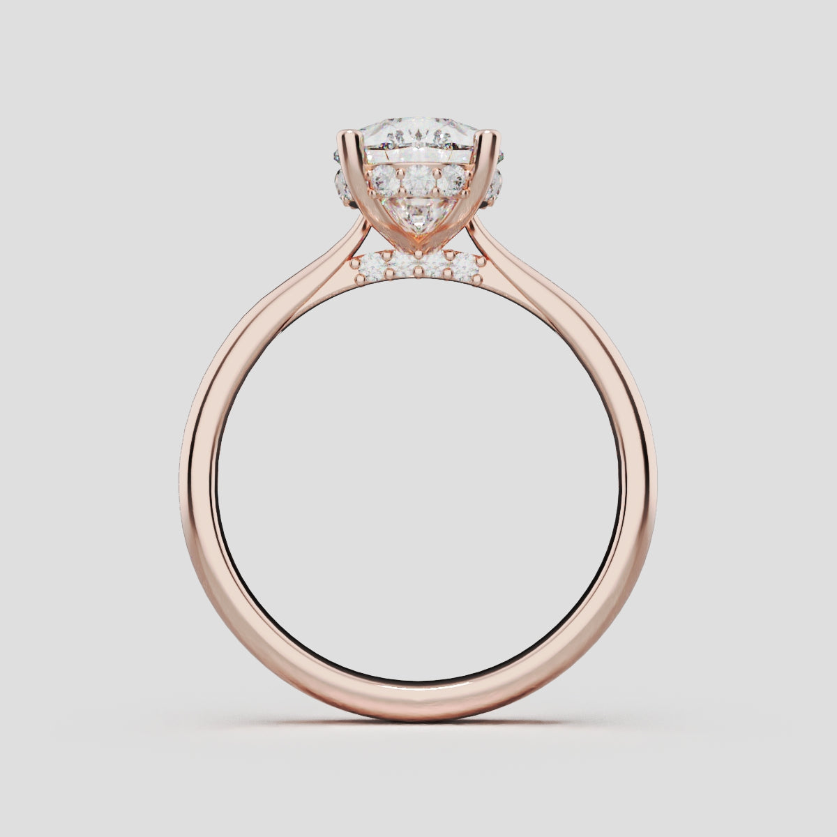Campanile, 2ct pear lab grown diamond engagement ring, Cathedral Hidden Halo Bridge, 18K rose gold - through finger