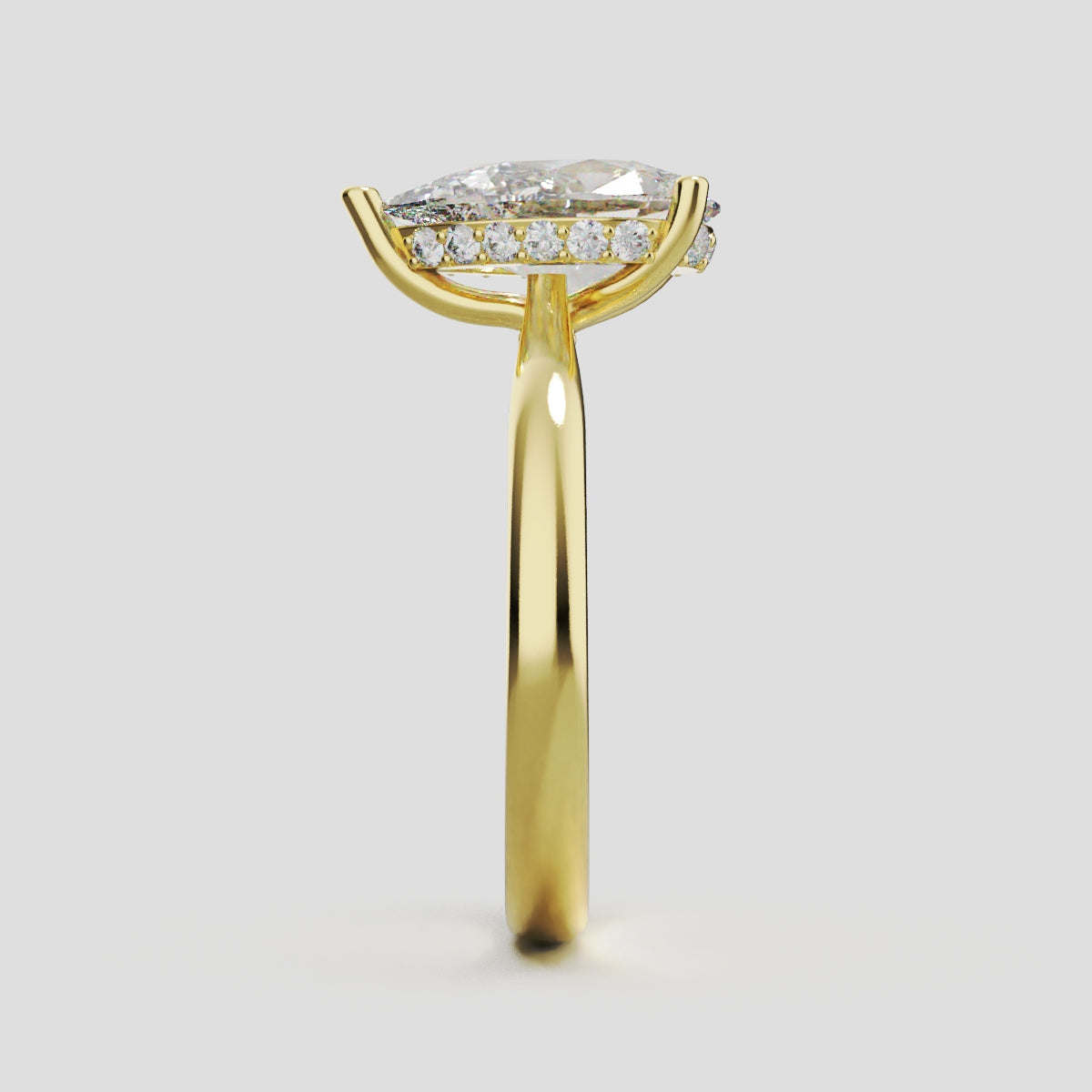 Campanile, 2ct pear lab grown diamond engagement ring, Cathedral Hidden Halo Bridge, 18K yellow gold - side view