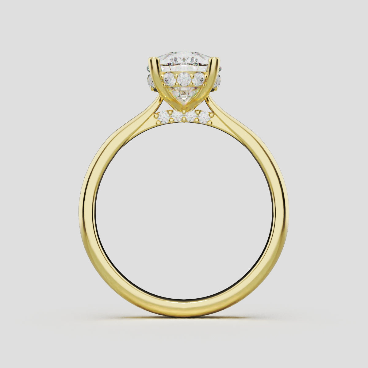 Campanile, 2ct pear lab grown diamond engagement ring, Cathedral Hidden Halo Bridge, 18K yellow gold - through finger