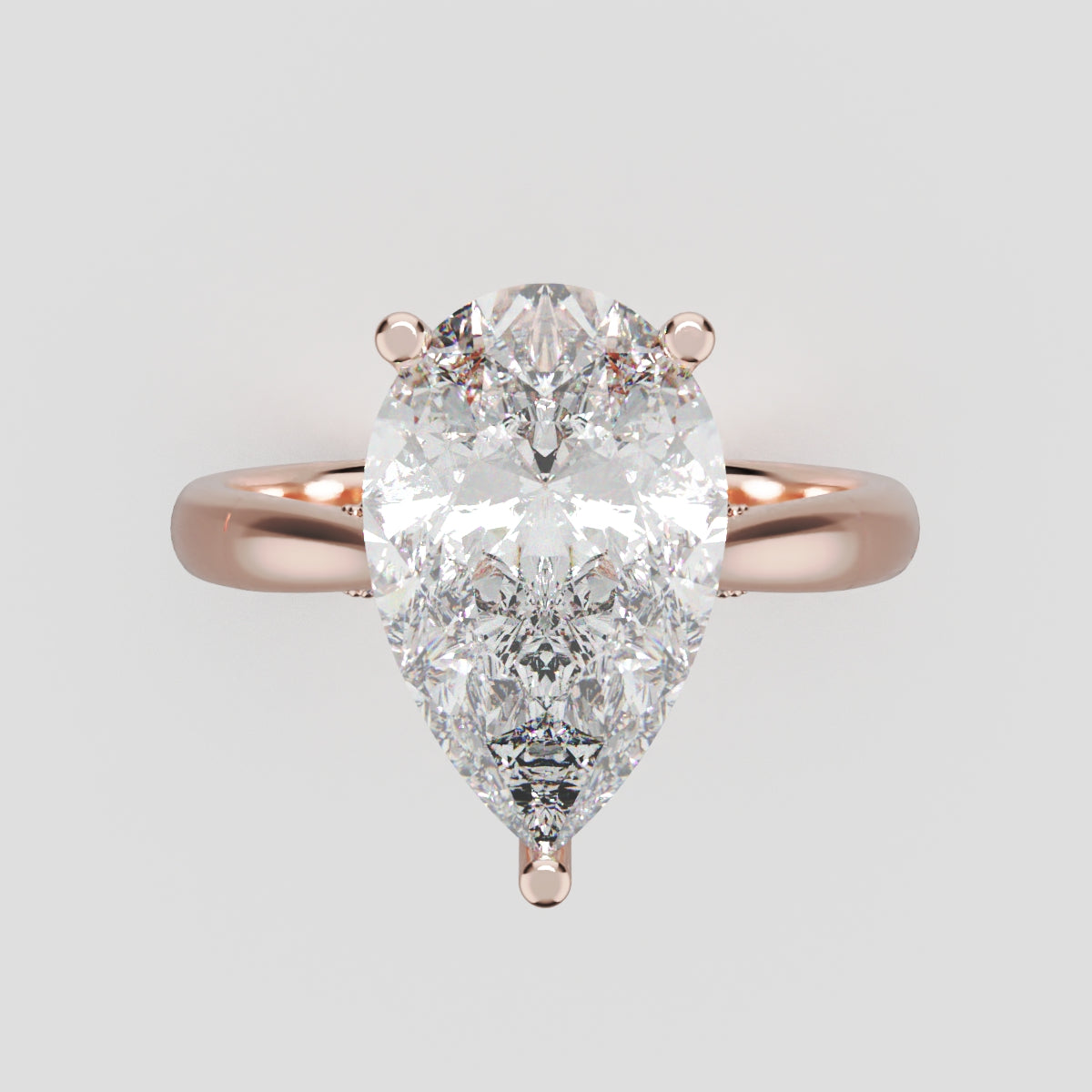 Campanile, 3ct pear lab grown diamond engagement ring, Cathedral Hidden Halo Bridge, 18K rose gold - front view
