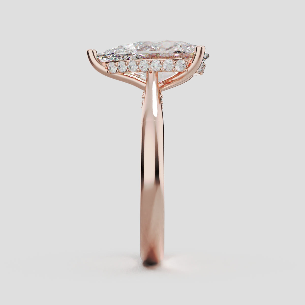 Campanile, 3ct pear lab grown diamond engagement ring, Cathedral Hidden Halo Bridge, 18K rose gold - side view