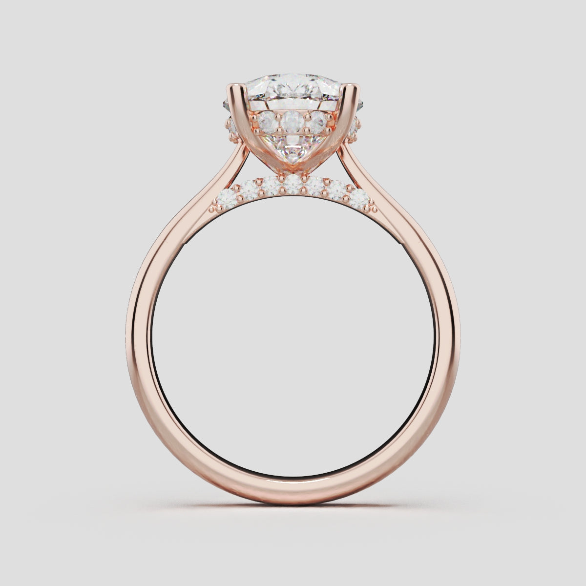Campanile, 3ct pear lab grown diamond engagement ring, Cathedral Hidden Halo Bridge, 18K rose gold - through finger
