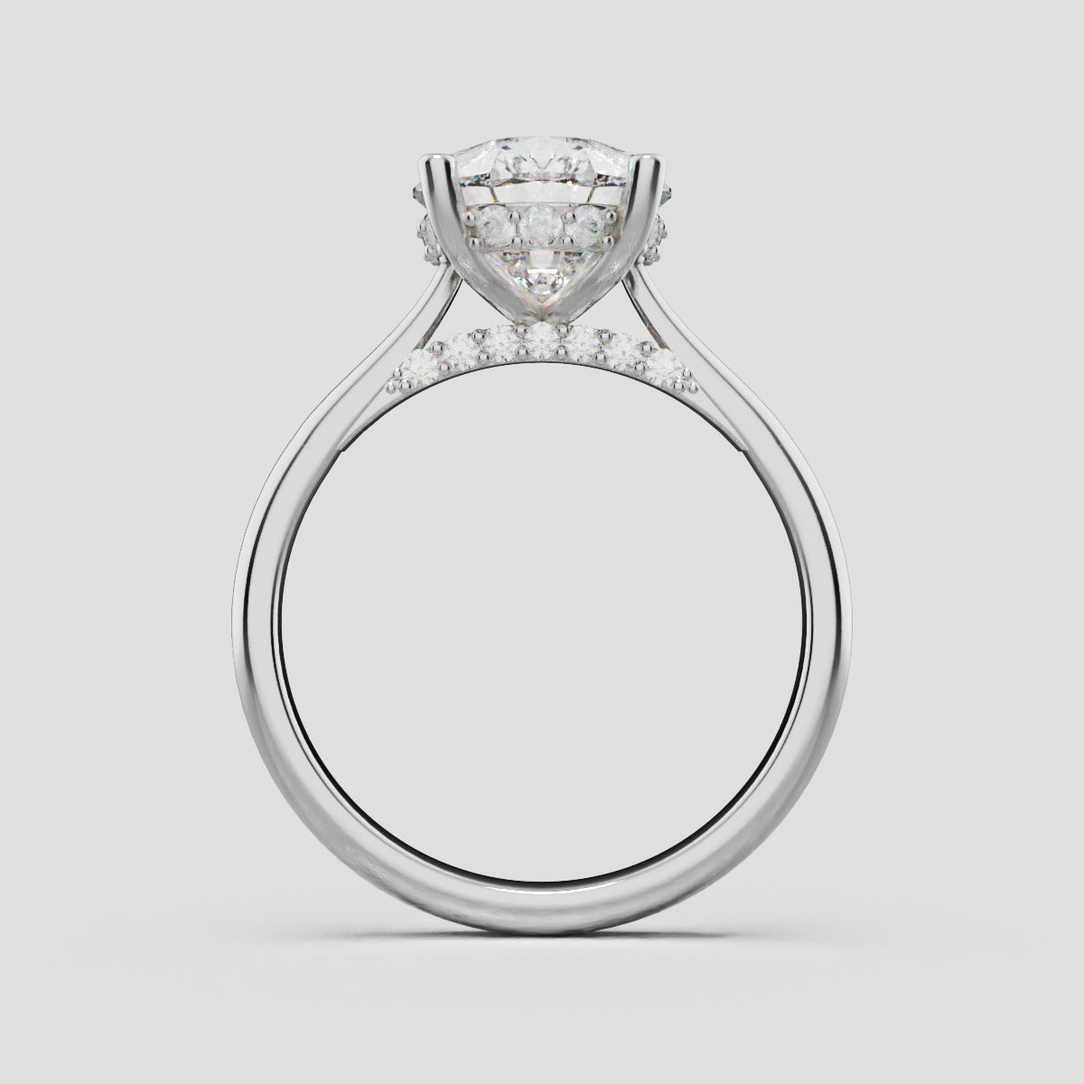 Campanile, 3ct pear lab grown diamond engagement ring, Cathedral Hidden Halo Bridge, 18K white gold - through finger
